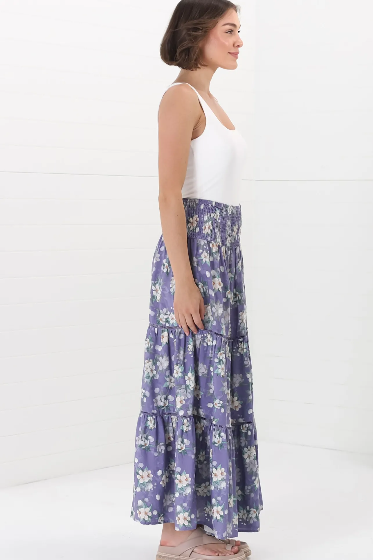 Ishaka Maxi Skirt/Midi Dress - Shirred Waistband Tiered Skirt or Dress in Floral Print>Salty Crush Hot