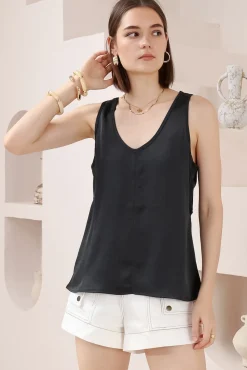 Isla Top - V-Neck Textured Sleeveless Top in Black>Salty Crush Discount
