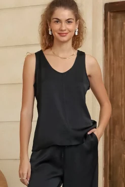 Isla Top - V-Neck Textured Sleeveless Top in Black>Salty Crush Discount