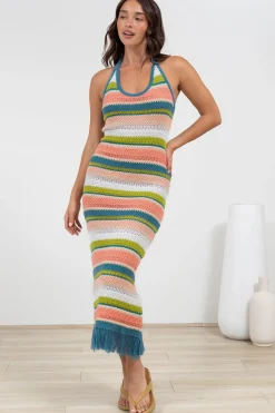 Izumi Maxi Dress - Halter Neck Knit Dress with Tassel Hemline in Rainbow>Salty Crush Discount