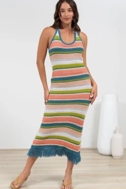 Izumi Maxi Dress - Halter Neck Knit Dress with Tassel Hemline in Rainbow><noscript><img width=