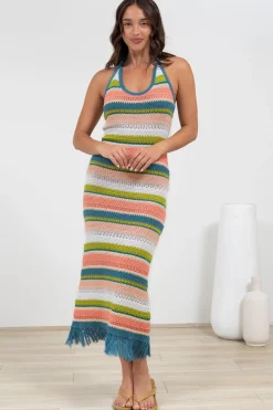 Izumi Maxi Dress - Halter Neck Knit Dress with Tassel Hemline in Rainbow><noscript><img width=