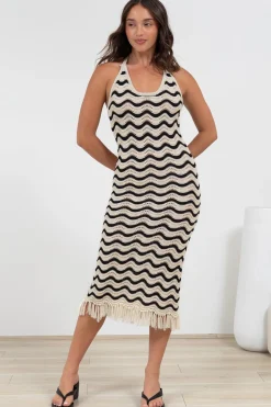 Izumi Maxi Dress - Halter Neck Knit Dress with Tassel Hemline in Black/Cream><noscript><img width=