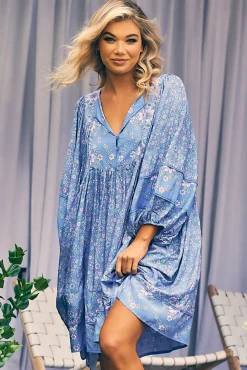 - Adela Mini Dress: Oversized Smock Dress with Batwing Sleeves in Butterfly Fields Print><noscript><img width=