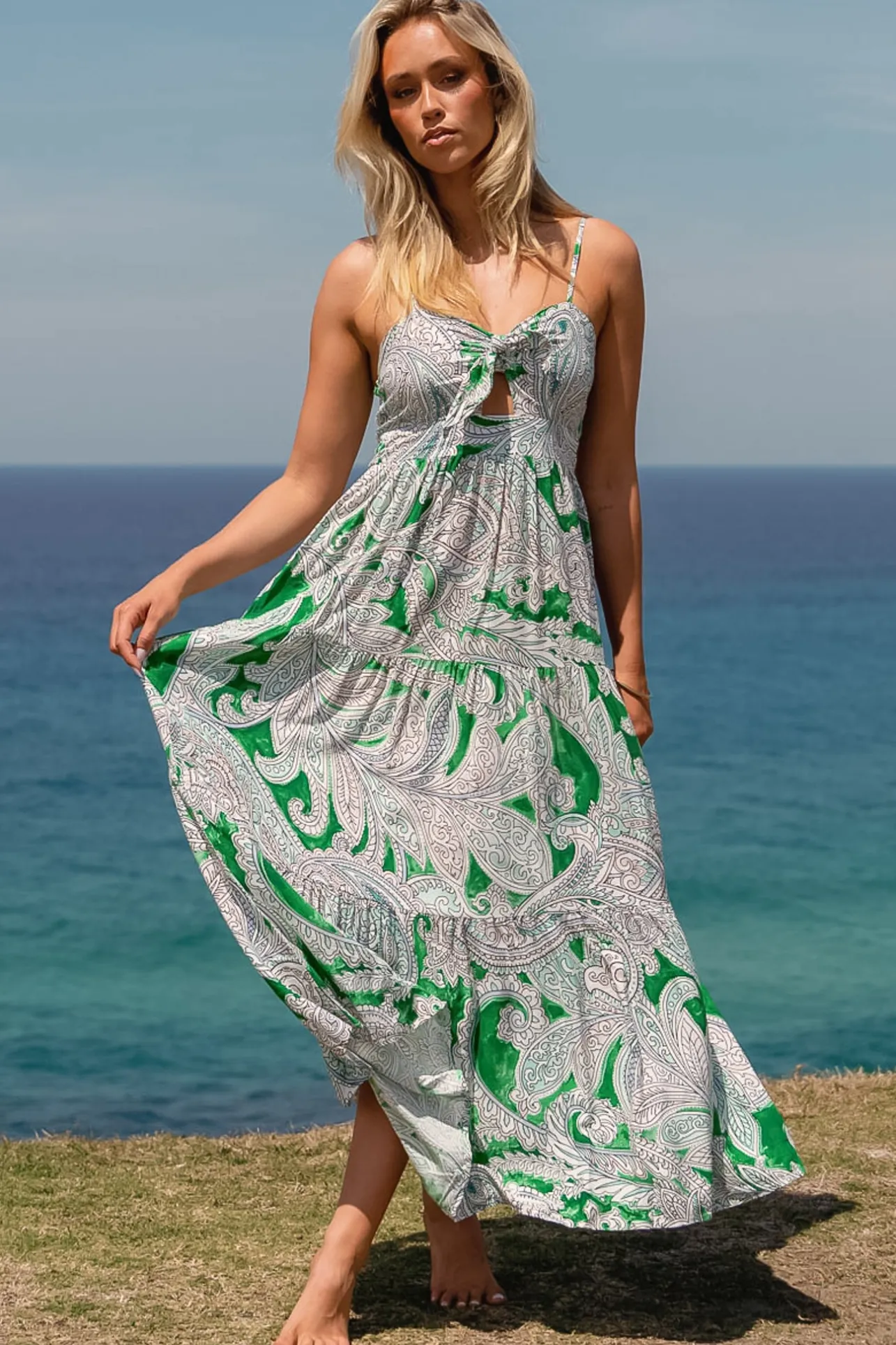 - Bambi Maxi Dress: Sun Dress with Cut Out Detail and Bow at the Bust in Kashira Print>Jaase Online
