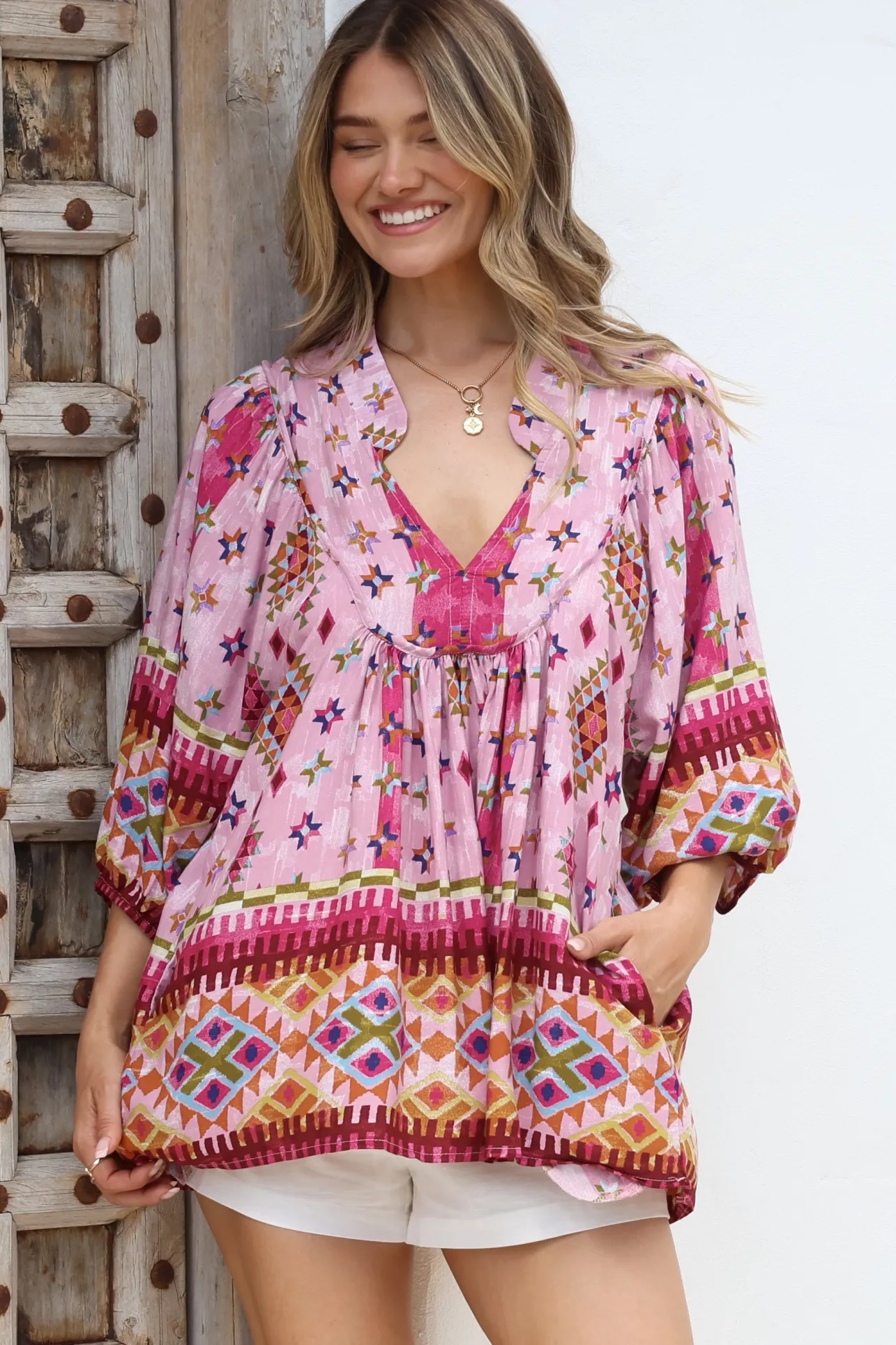 - Boheme Blouse: Thick Collar Smock Blouse in Lost Tribe Print>Jaase Sale