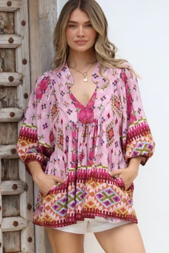- Boheme Blouse: Thick Collar Smock Blouse in Lost Tribe Print><noscript><img width=