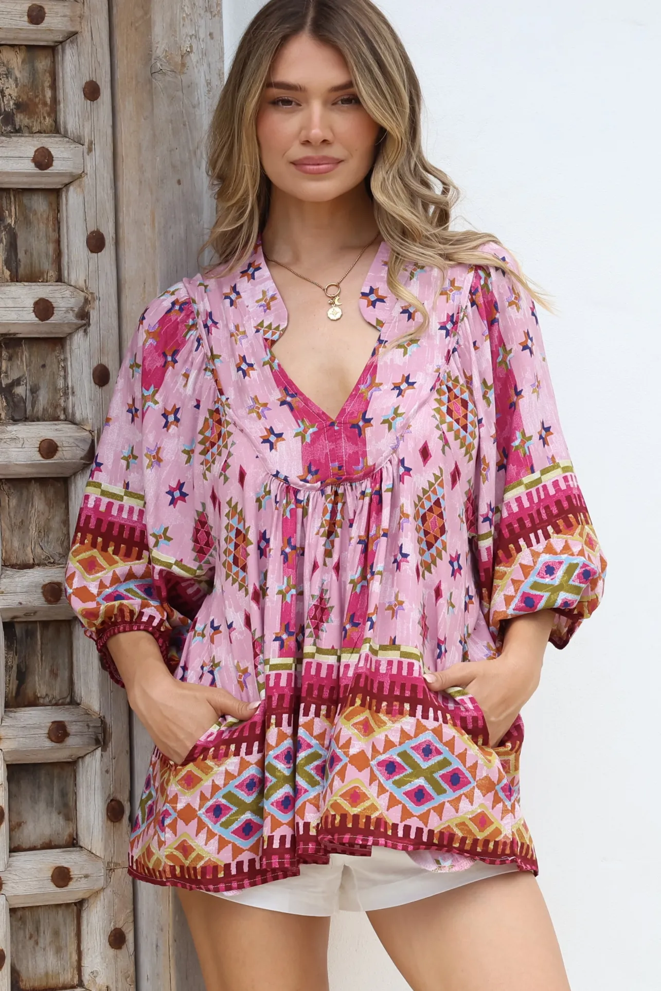 - Boheme Blouse: Thick Collar Smock Blouse in Lost Tribe Print>Jaase Sale
