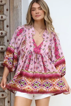 - Boheme Blouse: Thick Collar Smock Blouse in Lost Tribe Print><noscript><img width=