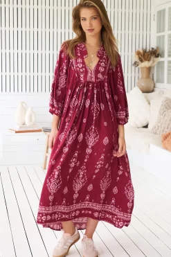 - Boheme Midi Dress: Piping Defined Bust 3/4 Sleeve Smock Dress in Rhubarb Kiva Print>Jaase Best