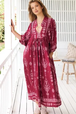 - Boheme Midi Dress: Piping Defined Bust 3/4 Sleeve Smock Dress in Rhubarb Kiva Print><noscript><img width=