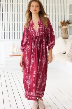 - Boheme Midi Dress: Piping Defined Bust 3/4 Sleeve Smock Dress in Rhubarb Kiva Print><noscript><img width=