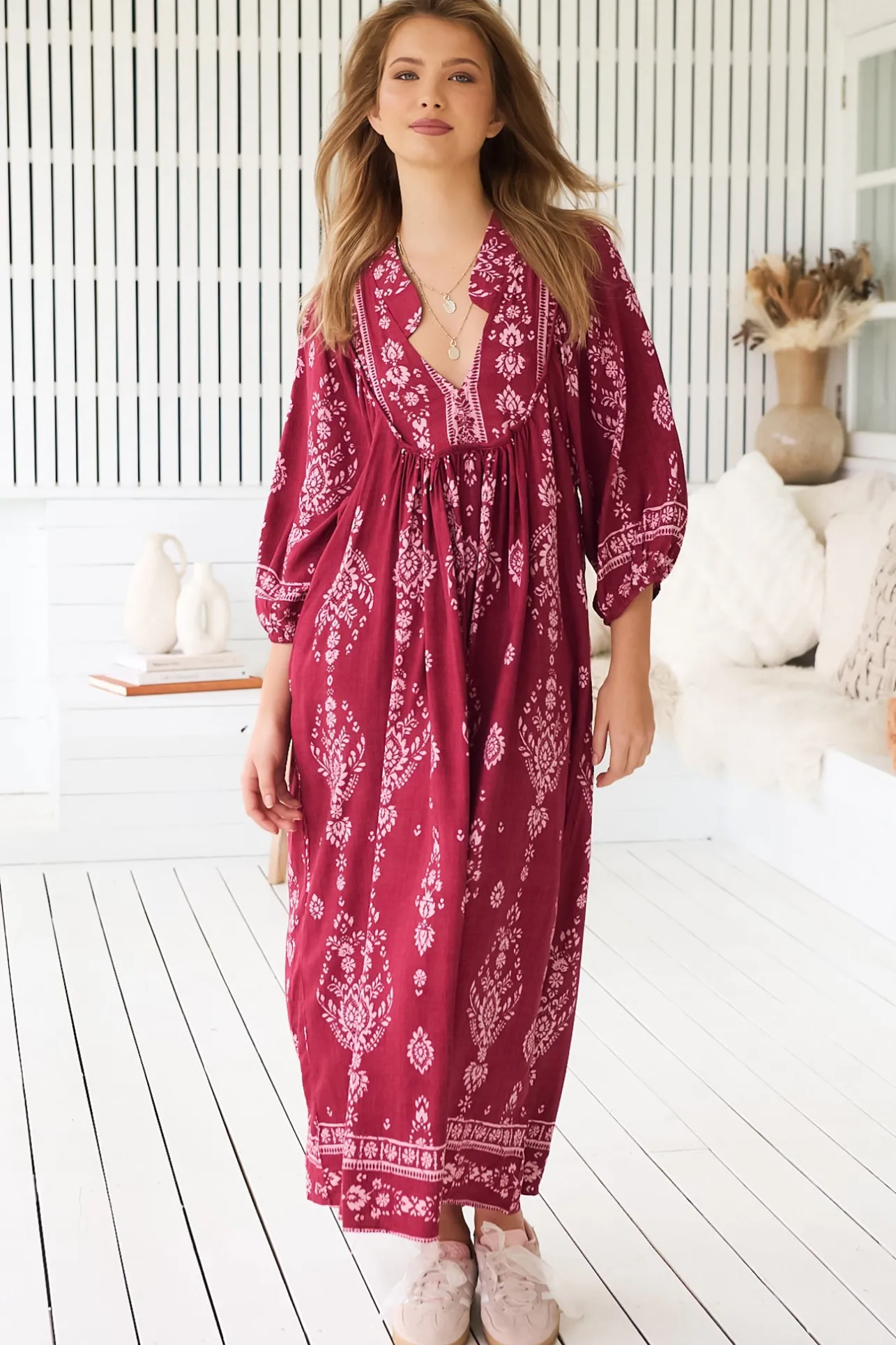 - Boheme Midi Dress: Piping Defined Bust 3/4 Sleeve Smock Dress in Rhubarb Kiva Print>Jaase Best