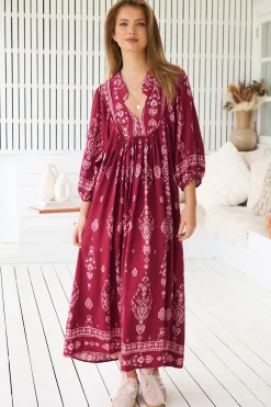 - Boheme Midi Dress: Piping Defined Bust 3/4 Sleeve Smock Dress in Rhubarb Kiva Print><noscript><img width=