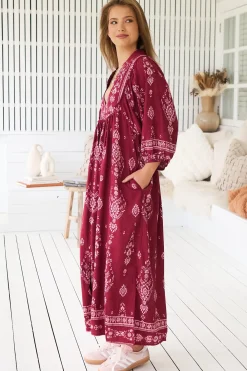 - Boheme Midi Dress: Piping Defined Bust 3/4 Sleeve Smock Dress in Rhubarb Kiva Print><noscript><img width=