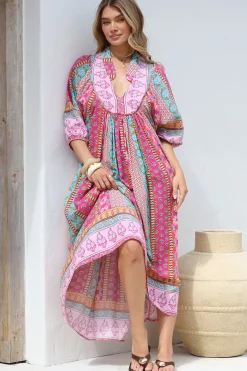 JAASE - Boheme Midi Dress: Piping Defined Bust Slimline Smock Dress in Cedella Print>Salty Crush Outlet
