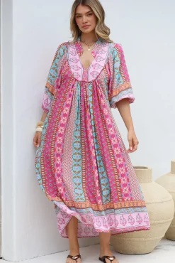 JAASE - Boheme Midi Dress: Piping Defined Bust Slimline Smock Dress in Cedella Print><noscript><img width=