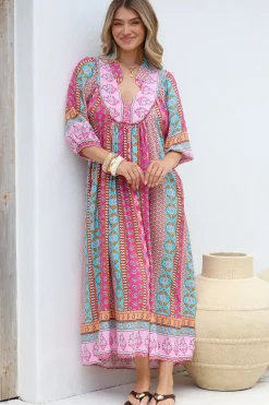 JAASE - Boheme Midi Dress: Piping Defined Bust Slimline Smock Dress in Cedella Print><noscript><img width=