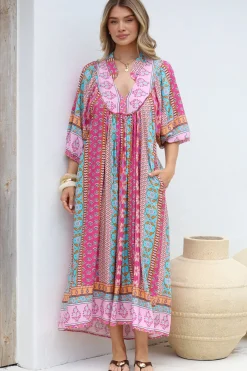 JAASE - Boheme Midi Dress: Piping Defined Bust Slimline Smock Dress in Cedella Print><noscript><img width=