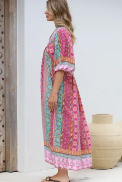 JAASE - Boheme Midi Dress: Piping Defined Bust Slimline Smock Dress in Cedella Print><noscript><img width=