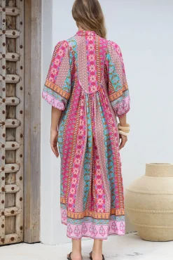 JAASE - Boheme Midi Dress: Piping Defined Bust Slimline Smock Dress in Cedella Print><noscript><img width=