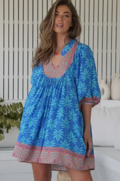 - Boheme Mini Dress: Mandarin Collar Slimline Smock Dress in Take Me On Vacay Print><noscript><img width=