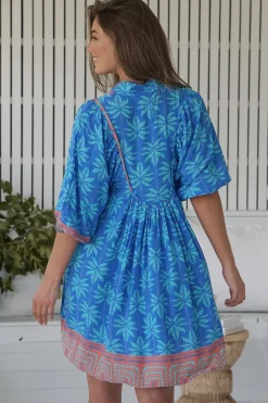 - Boheme Mini Dress: Mandarin Collar Slimline Smock Dress in Take Me On Vacay Print><noscript><img width=