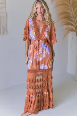 - Bungalow Maxi Dress: Tiered Lace Deep V Neck Dress with Open Batwing Sleeves in Amara Bloom Print>Jaase Clearance