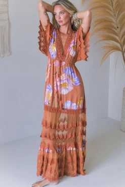 - Bungalow Maxi Dress: Tiered Lace Deep V Neck Dress with Open Batwing Sleeves in Amara Bloom Print><noscript><img width=