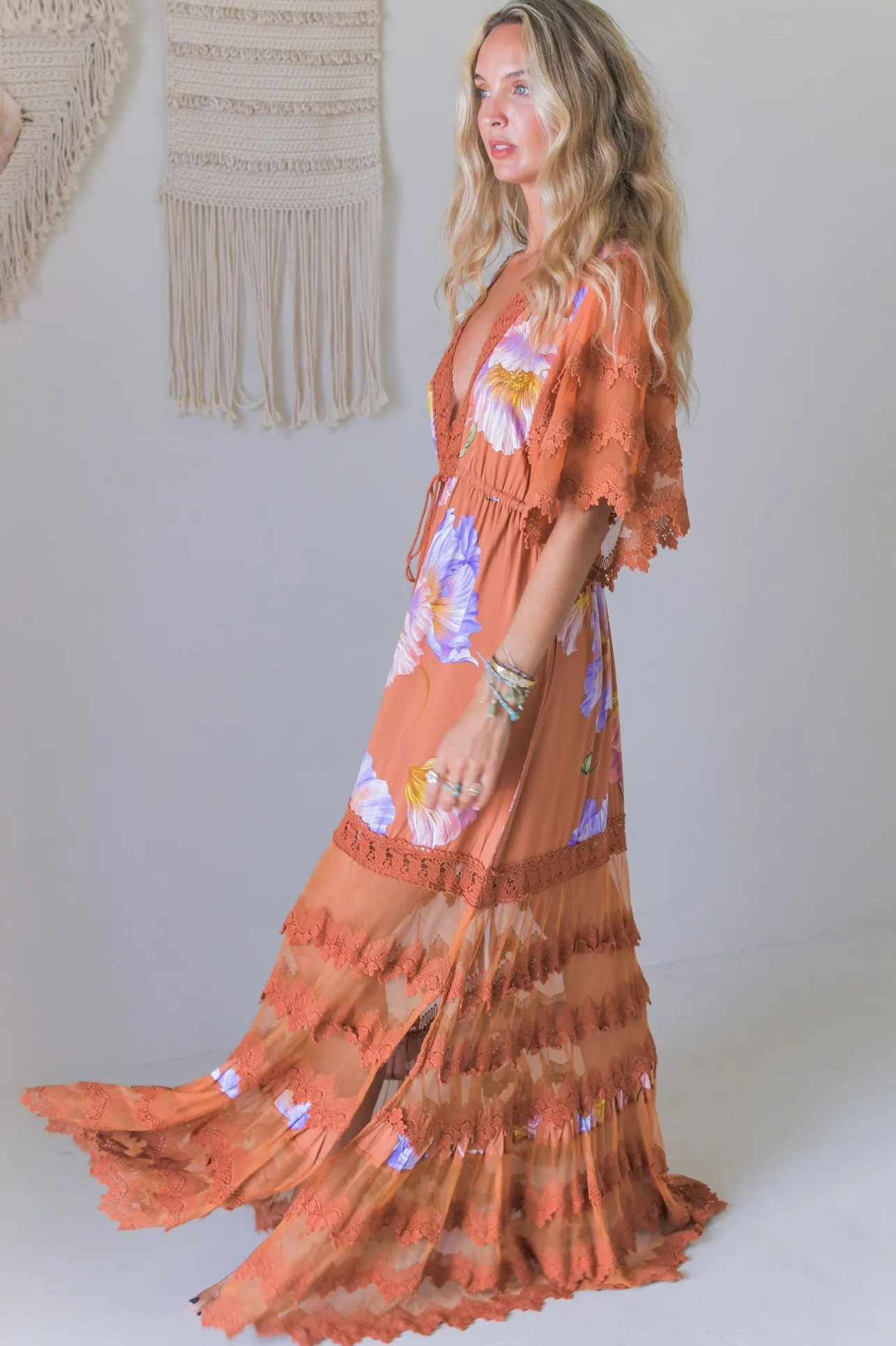 - Bungalow Maxi Dress: Tiered Lace Deep V Neck Dress with Open Batwing Sleeves in Amara Bloom Print>Jaase Clearance