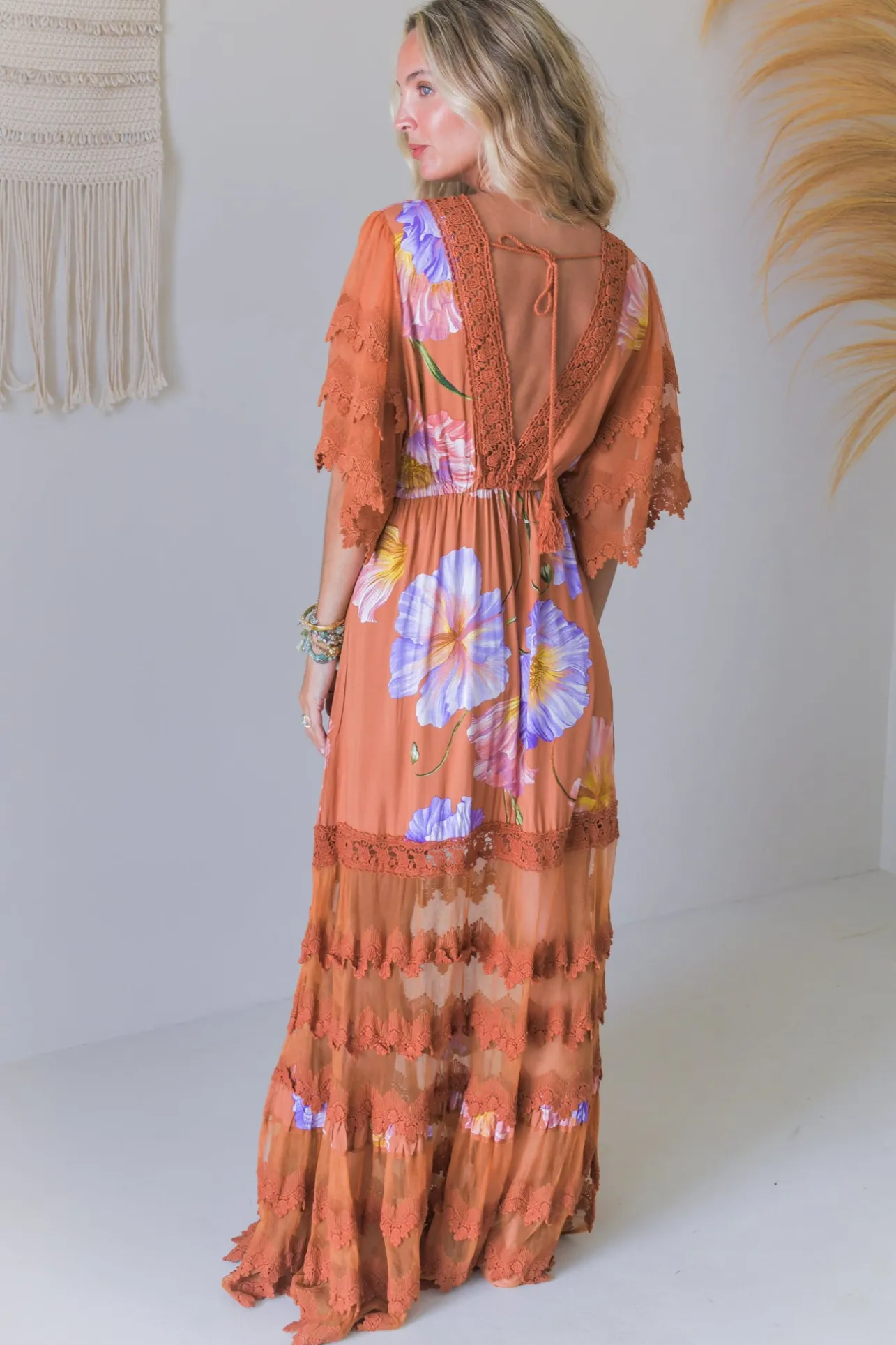 - Bungalow Maxi Dress: Tiered Lace Deep V Neck Dress with Open Batwing Sleeves in Amara Bloom Print>Jaase Clearance