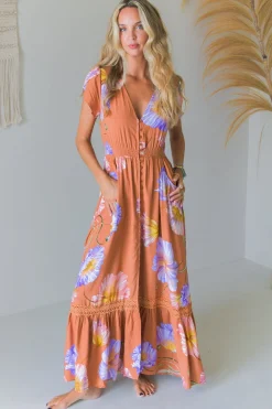- Carmen Maxi Dress: Butterfly Cap Sleeve Button Down A Line Dress with Lace Trim in Amara Bloom Print>Jaase Best