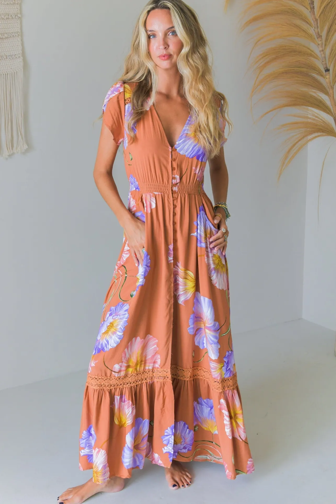 - Carmen Maxi Dress: Butterfly Cap Sleeve Button Down A Line Dress with Lace Trim in Amara Bloom Print>Jaase Best