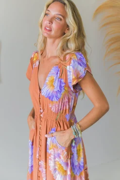 - Carmen Maxi Dress: Butterfly Cap Sleeve Button Down A Line Dress with Lace Trim in Amara Bloom Print>Jaase Best
