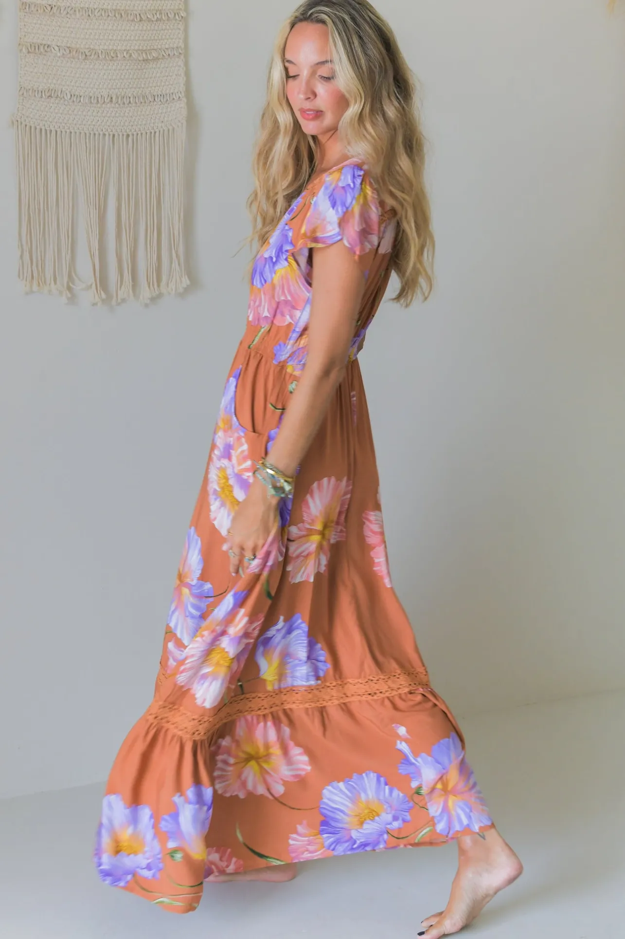 - Carmen Maxi Dress: Butterfly Cap Sleeve Button Down A Line Dress with Lace Trim in Amara Bloom Print>Jaase Best