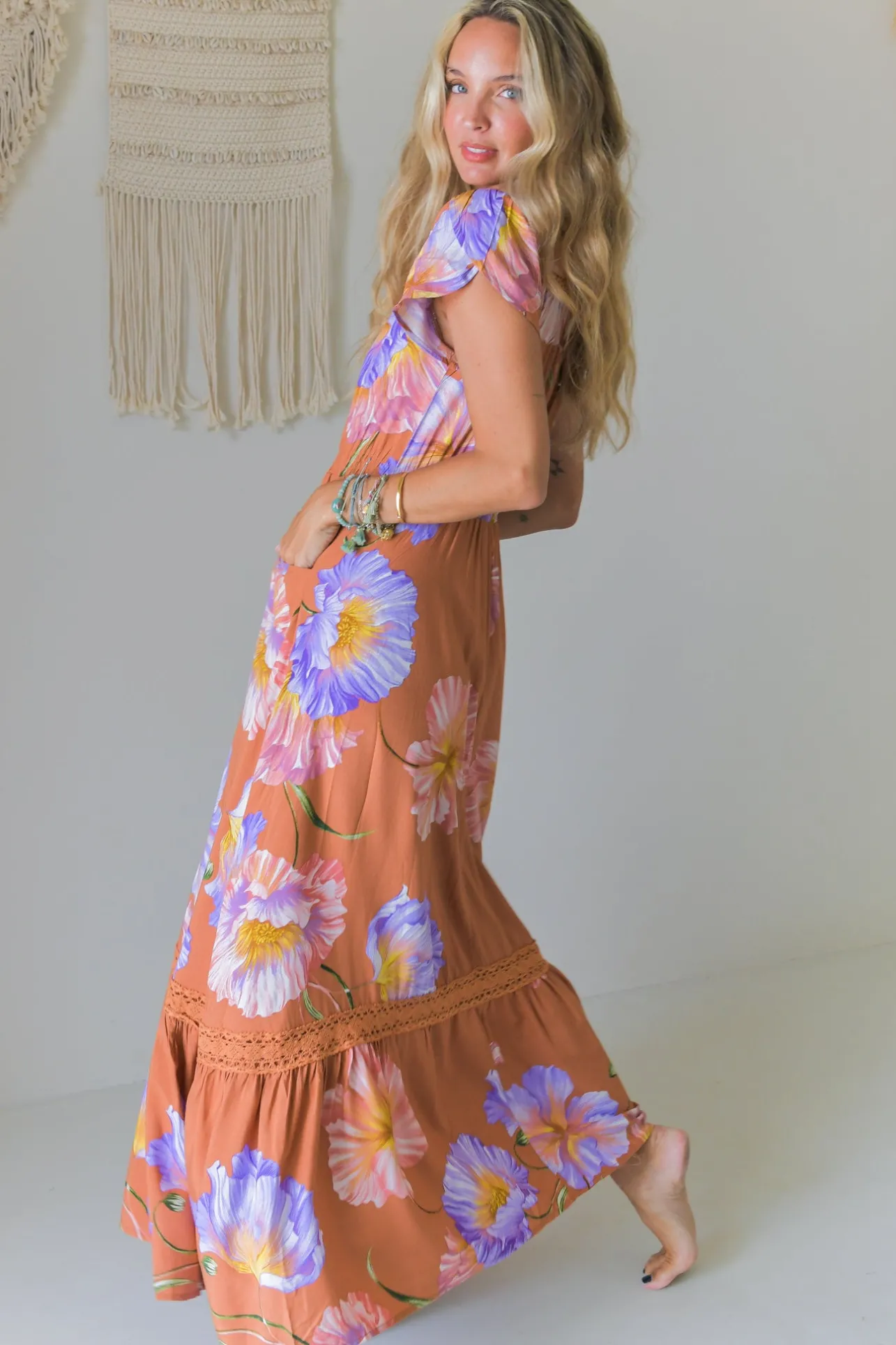 - Carmen Maxi Dress: Butterfly Cap Sleeve Button Down A Line Dress with Lace Trim in Amara Bloom Print>Jaase Best