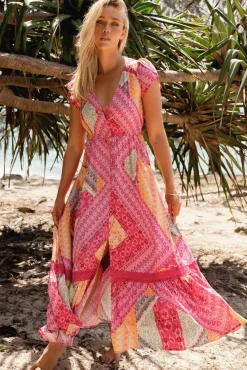 - Carmen Maxi Dress: Butterfly Cap Sleeve Button Down A Line Dress with Lace Trim in Viva Bonita Print>Jaase