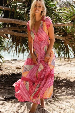 - Carmen Maxi Dress: Butterfly Cap Sleeve Button Down A Line Dress with Lace Trim in Viva Bonita Print>Jaase