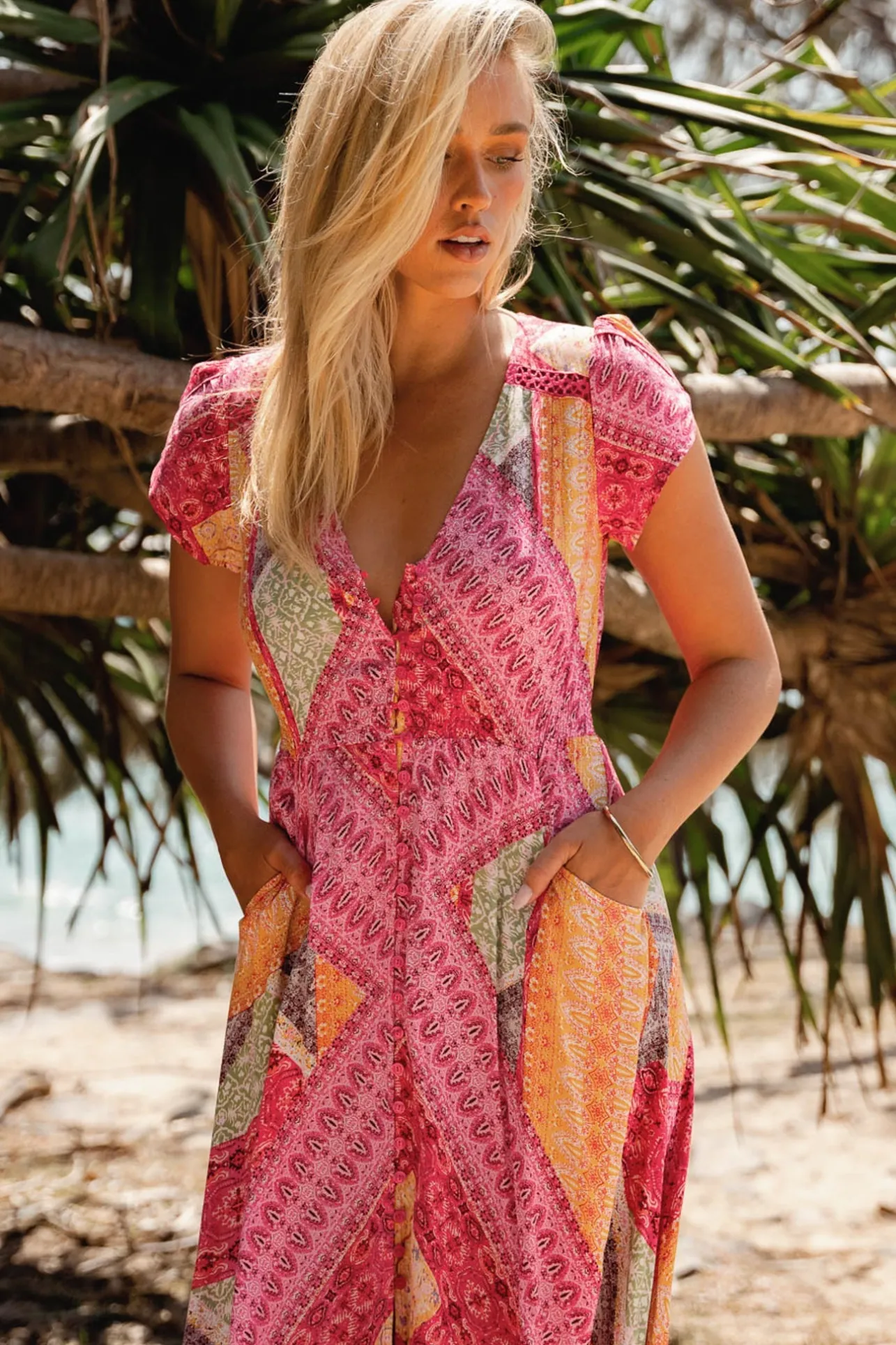 - Carmen Maxi Dress: Butterfly Cap Sleeve Button Down A Line Dress with Lace Trim in Viva Bonita Print>Jaase