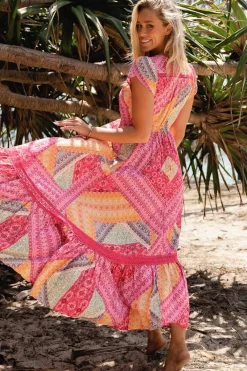 - Carmen Maxi Dress: Butterfly Cap Sleeve Button Down A Line Dress with Lace Trim in Viva Bonita Print><noscript><img width=