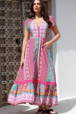 JAASE - Carmen Maxi Dress: Butterfly Cap Sleeve Button Down A Line Dress with Lace Trim in Cedella Print><noscript><img width=