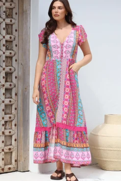 JAASE - Carmen Maxi Dress: Butterfly Cap Sleeve Button Down A Line Dress with Lace Trim in Cedella Print><noscript><img width=