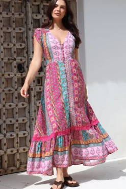 JAASE - Carmen Maxi Dress: Butterfly Cap Sleeve Button Down A Line Dress with Lace Trim in Cedella Print><noscript><img width=