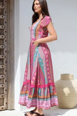 JAASE - Carmen Maxi Dress: Butterfly Cap Sleeve Button Down A Line Dress with Lace Trim in Cedella Print><noscript><img width=