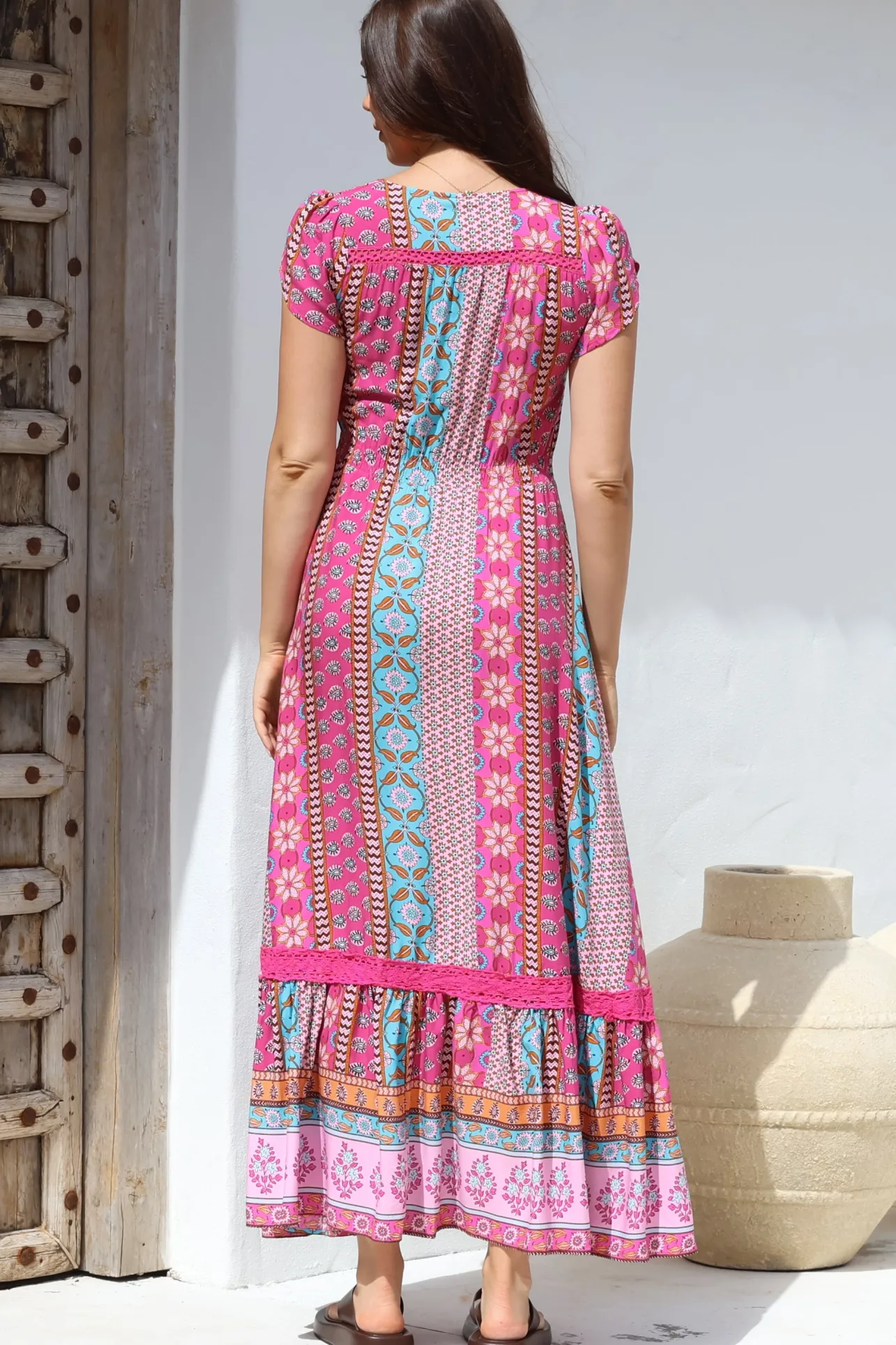 JAASE - Carmen Maxi Dress: Butterfly Cap Sleeve Button Down A Line Dress with Lace Trim in Cedella Print>Salty Crush Discount