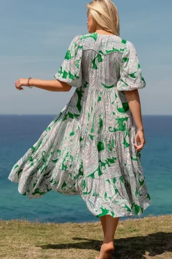 - Eve Midi Dress: V Neck Tiered Dress with Option Waist Tie in Kashira Print><noscript><img width=
