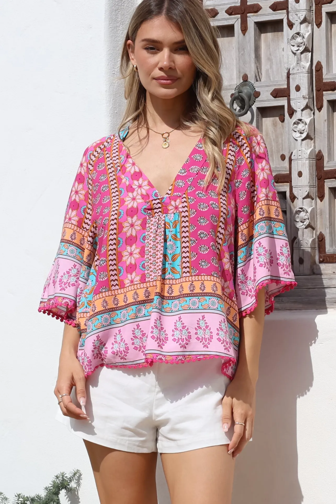 - Gabriella Top: Mandarin Collar Deep V Neck Crochet Trim Top in Cedella Print>Jaase Clearance