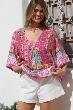 - Gabriella Top: Mandarin Collar Deep V Neck Crochet Trim Top in Cedella Print>Jaase Clearance