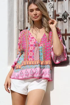 - Gabriella Top: Mandarin Collar Deep V Neck Crochet Trim Top in Cedella Print><noscript><img width=