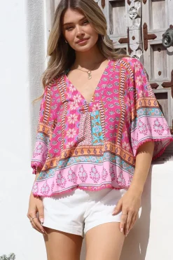 - Gabriella Top: Mandarin Collar Deep V Neck Crochet Trim Top in Cedella Print><noscript><img width=